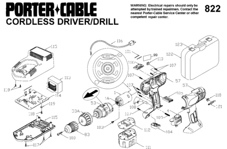 Default Diagram and Parts List for 9822 Type 1 Porter Cable Electric Drill